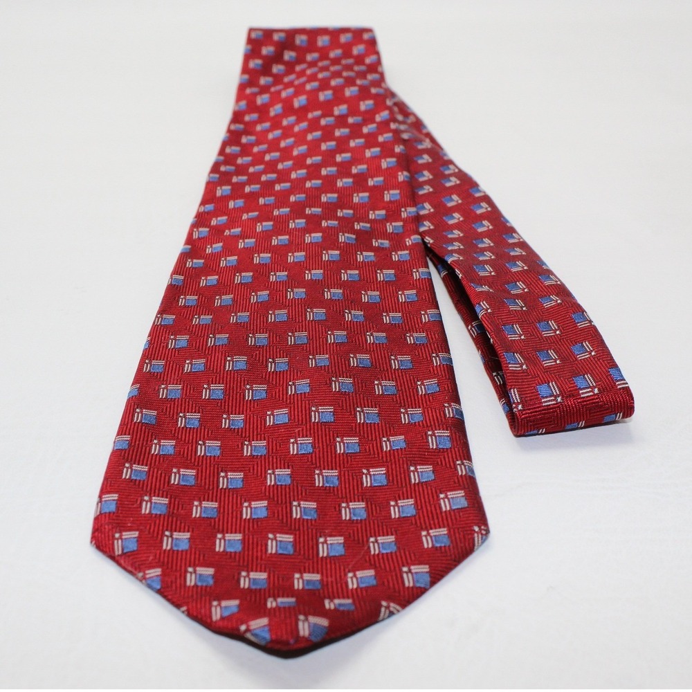 Lauren Ralph Lauren Mens Red Geometric Square Silk Necktie Hand Finished USA